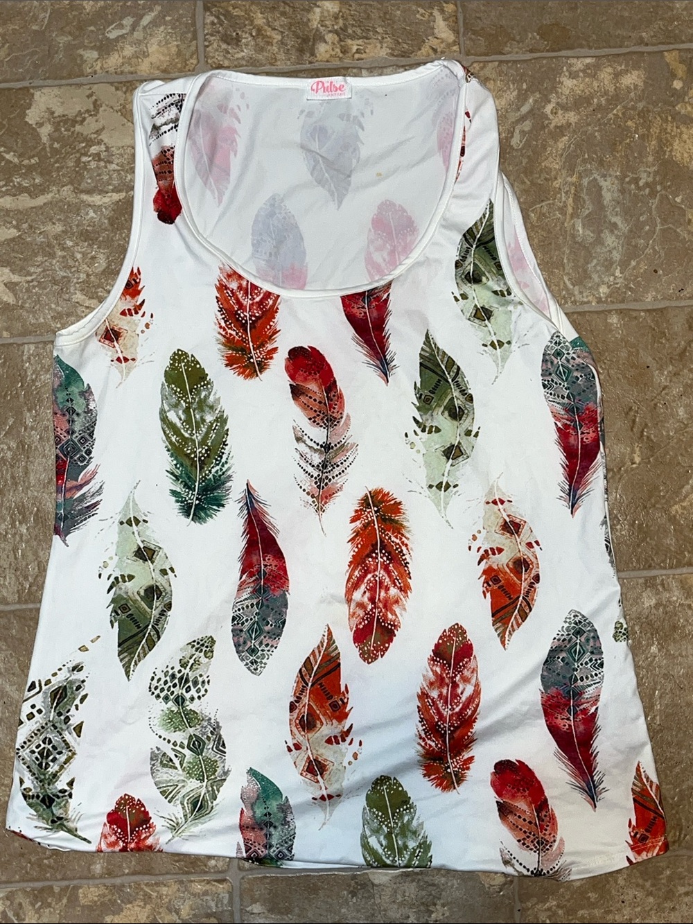 Pulse White Tank Top with Multicolor Feather Print